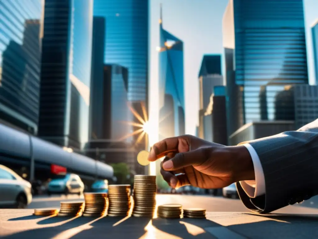 Vista panorámica de la ciudad con rascacielos y manos contando monedas, simbolizando la relación entre rentabilidad y moralidad en los negocios