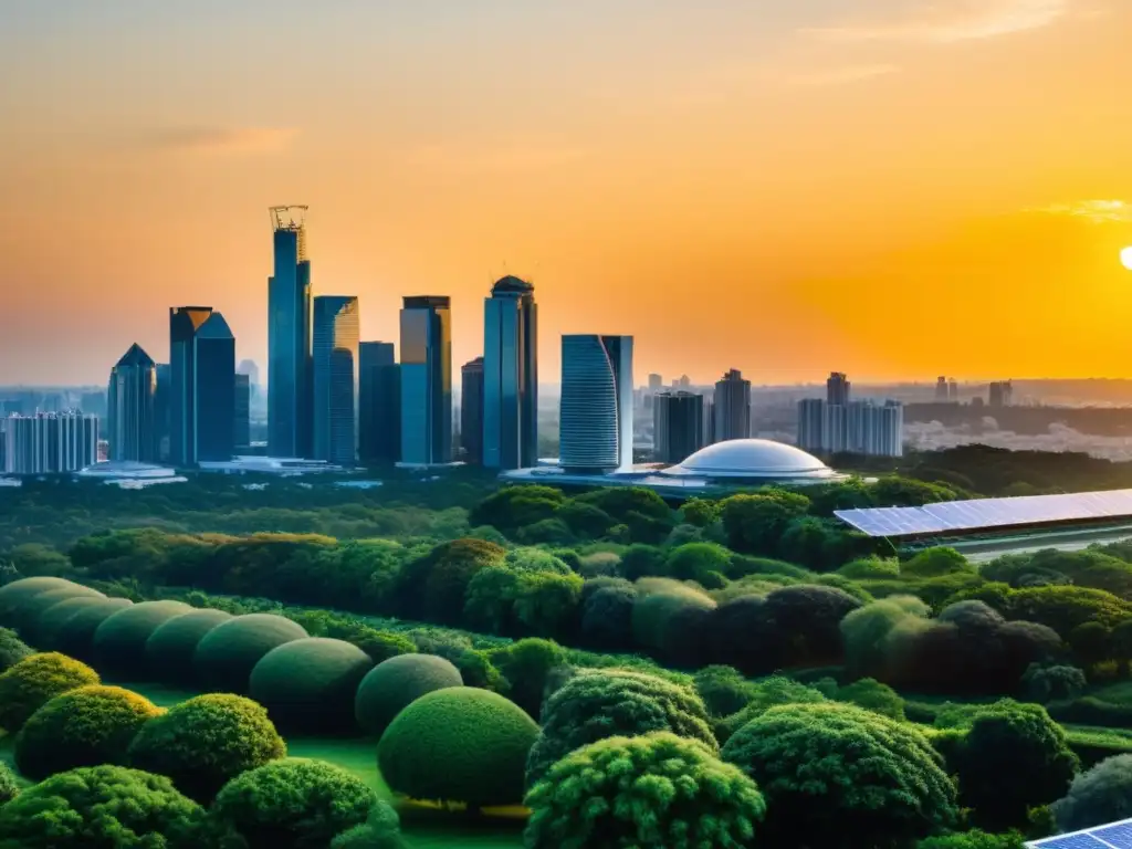 Vista panorámica de una ciudad sostenible con rascacielos modernos, vegetación exuberante y energía renovable