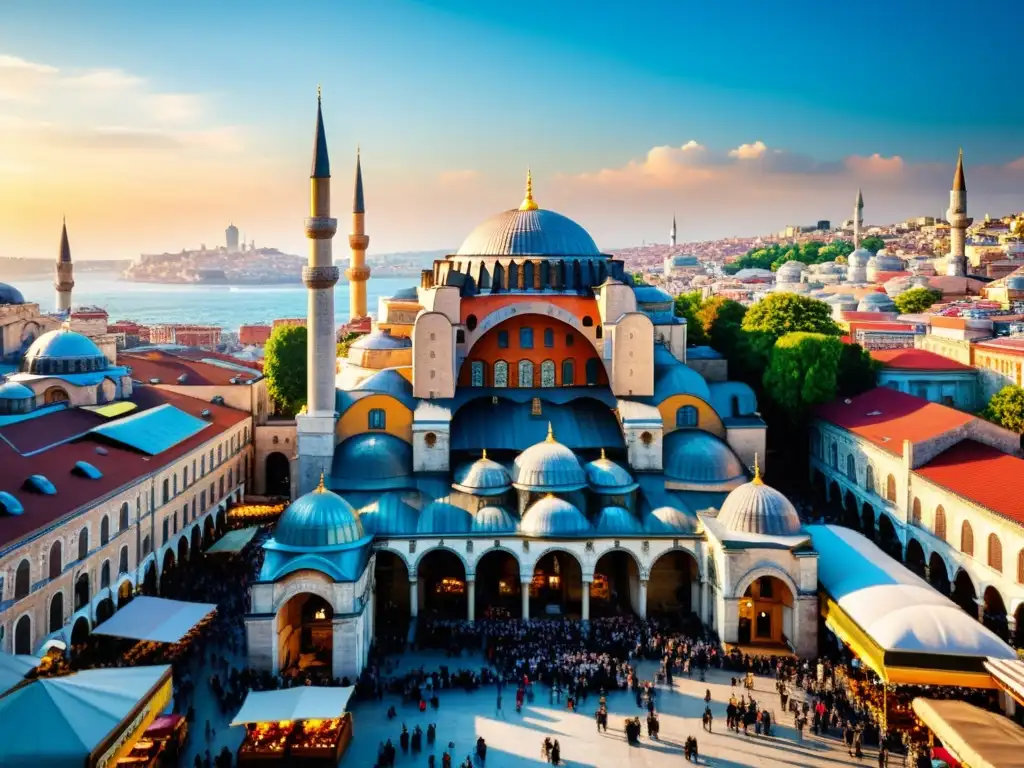 Vista panorámica de Hagia Sophia y el Gran Bazar en Estambul, con una mezcla única de arquitectura tradicional y vida moderna