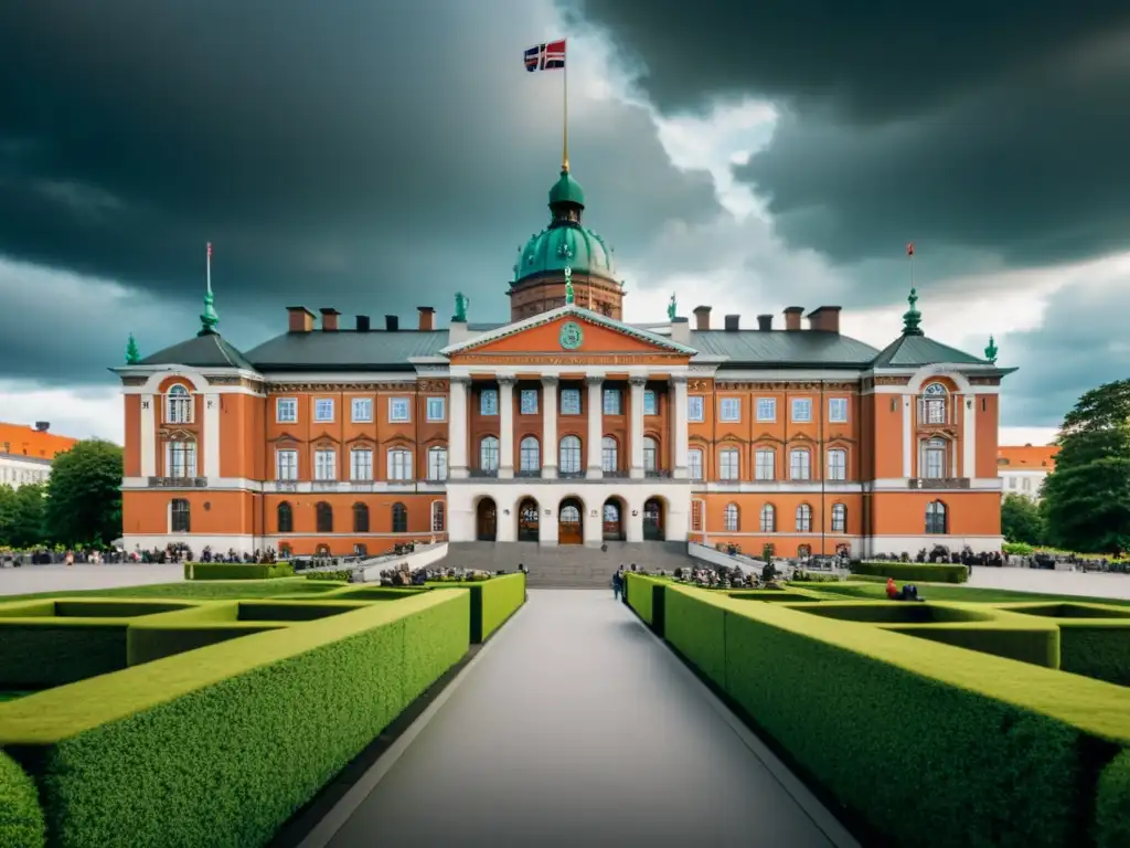 Vista panorámica del histórico edificio del parlamento escandinavo rodeado de exuberante vegetación