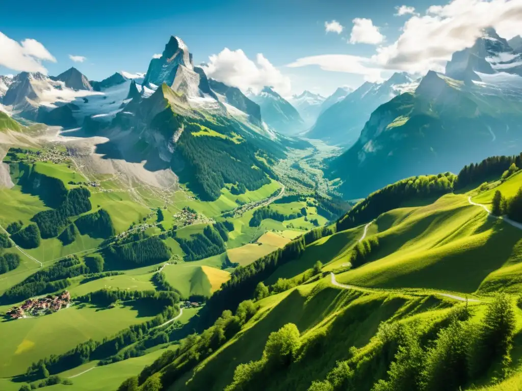 Vista panorámica de las majestuosas cumbres nevadas de los Alpes Suizos, con senderos que invitan a retiros en alturas