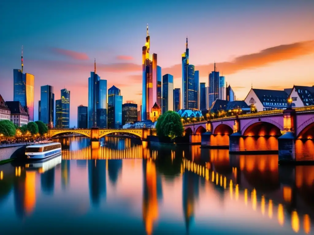 Vista panorámica de Frankfurt al anochecer, con rascacielos modernos y arquitectura histórica, reflejados en el río Main