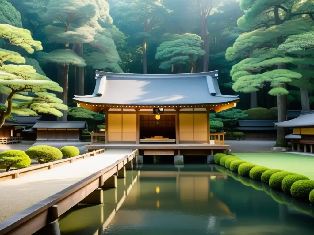 Vista panorámica del sagrado Santuario de Ise en Japón, con su arquitectura de madera, rodeado de antiguos cedros y un estanque