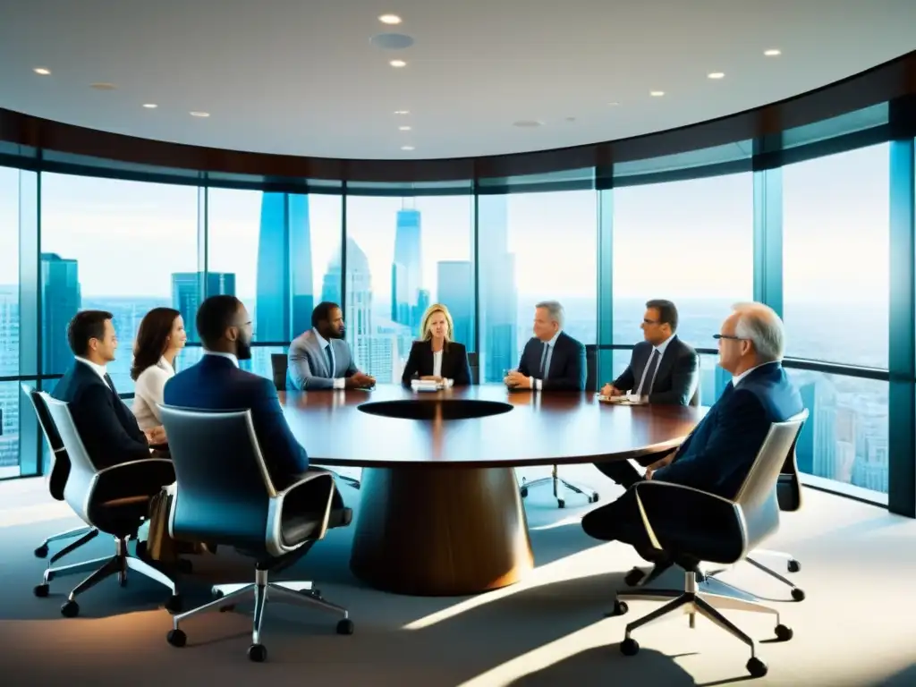 Vista panorámica de una sala de juntas corporativa llena de ejecutivos inmersos en intensas discusiones, transmitiendo honestidad total en negocios