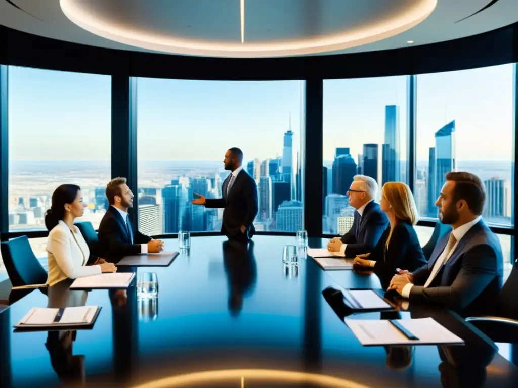 Vista panorámica de una sala de juntas corporativa, ejecutivos debatiendo estrategias y valores éticos
