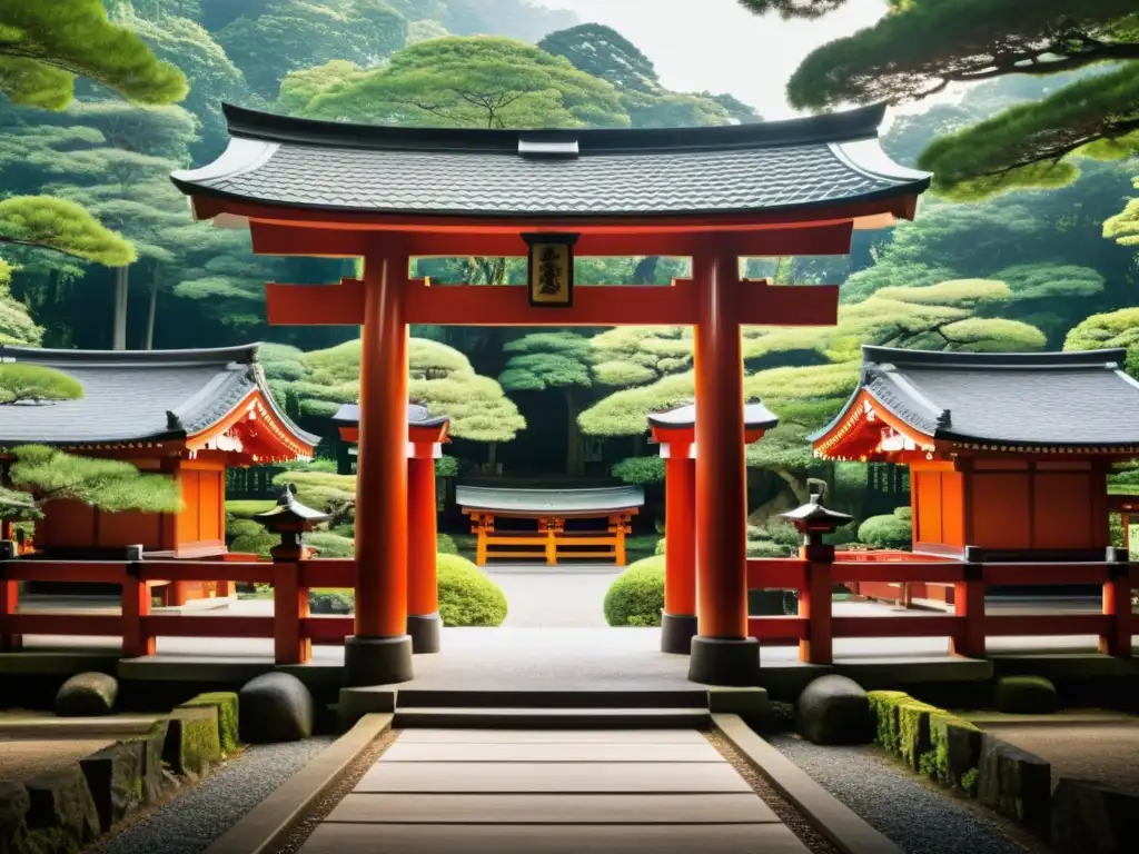 Vista panorámica de un santuario Shinto con una impresionante arquitectura divina y un entorno sereno de bosque exuberante