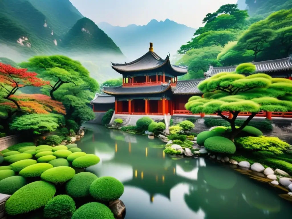 Vista serena de un paisaje montañoso en China con un templo confuciano, reflejando la coexistencia armoniosa entre humanidad y naturaleza