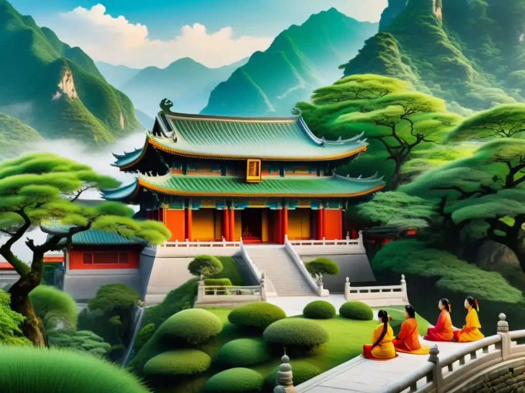 Vista de un templo taoísta en la montaña con mujeres meditando