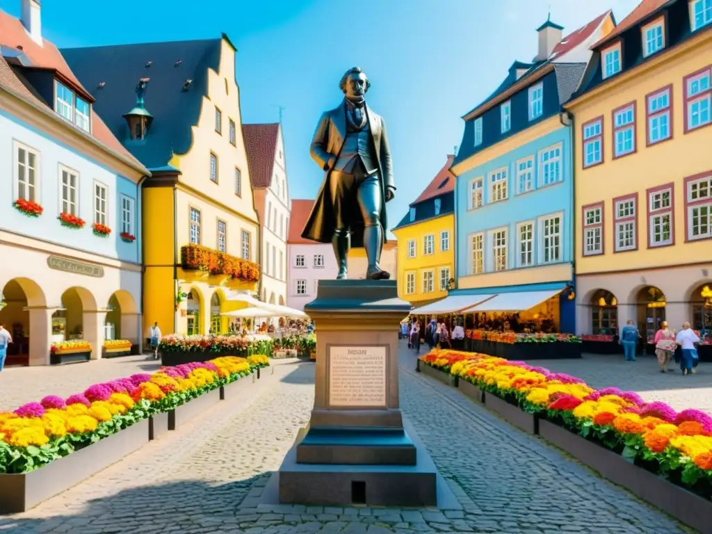 Vista de la Travesía del Romanticismo Goethe Schiller en Weimar, Alemania, con sus calles empedradas y edificios coloridos, rodeados de flores y gente