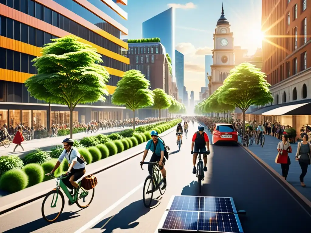 Vista urbana 8k con paneles solares, reflejando inversiones sostenibles y ética económica en la ciudad