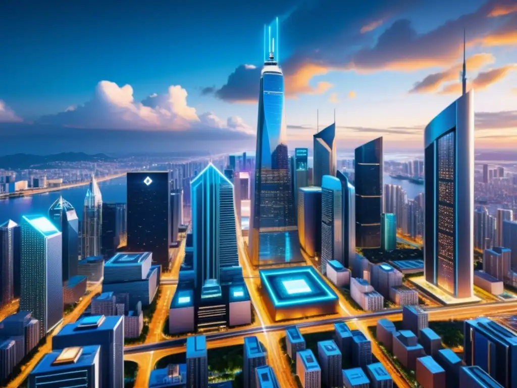 Vista urbana con rascacielos futuristas y una red de nodos blockchain, integrando contratos digitales en la sociedad