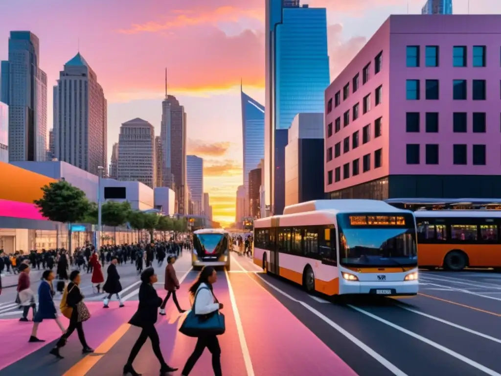 Vista urbana al amanecer con rascacielos, peatones, ciclistas y transporte sostenible, mostrando la ética en la innovación empresarial