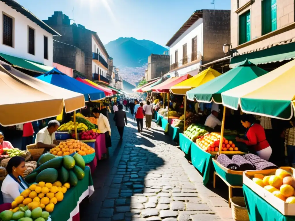Vista vibrante de un mercado callejero en Sudamérica, reflejando la fusión de culturas y tradiciones