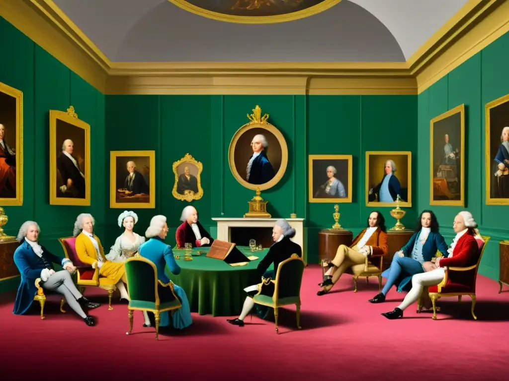 Una representación visual de la controversia en el Siglo de las Luces, con figuras prominentes debatiendo animadamente en un salón del siglo XVIII