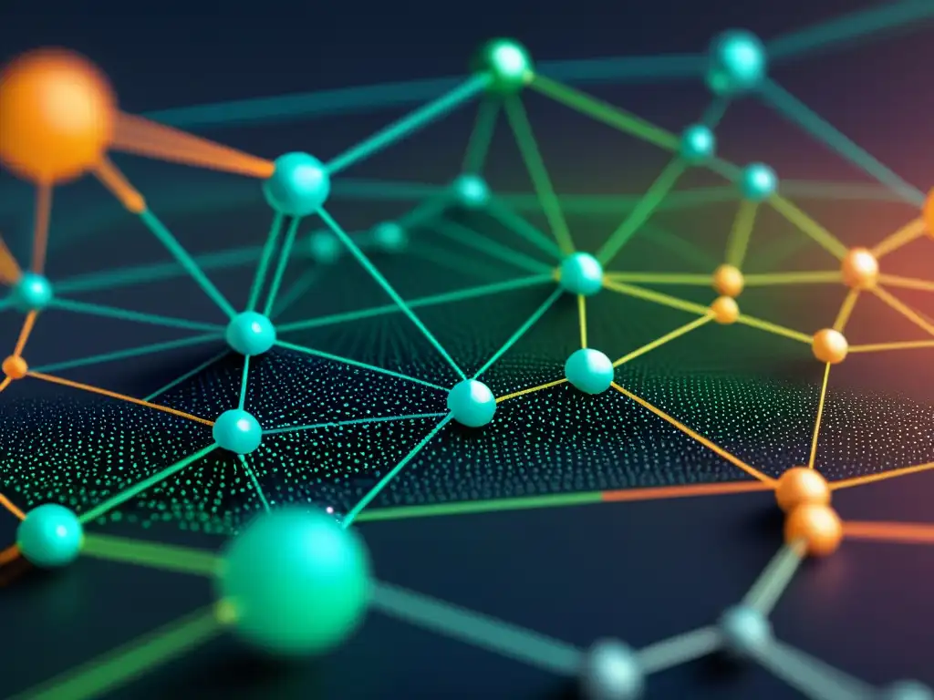 Una visualización detallada en alta resolución de una red blockchain, transmitiendo la complejidad tecnológica y filosófica del tema