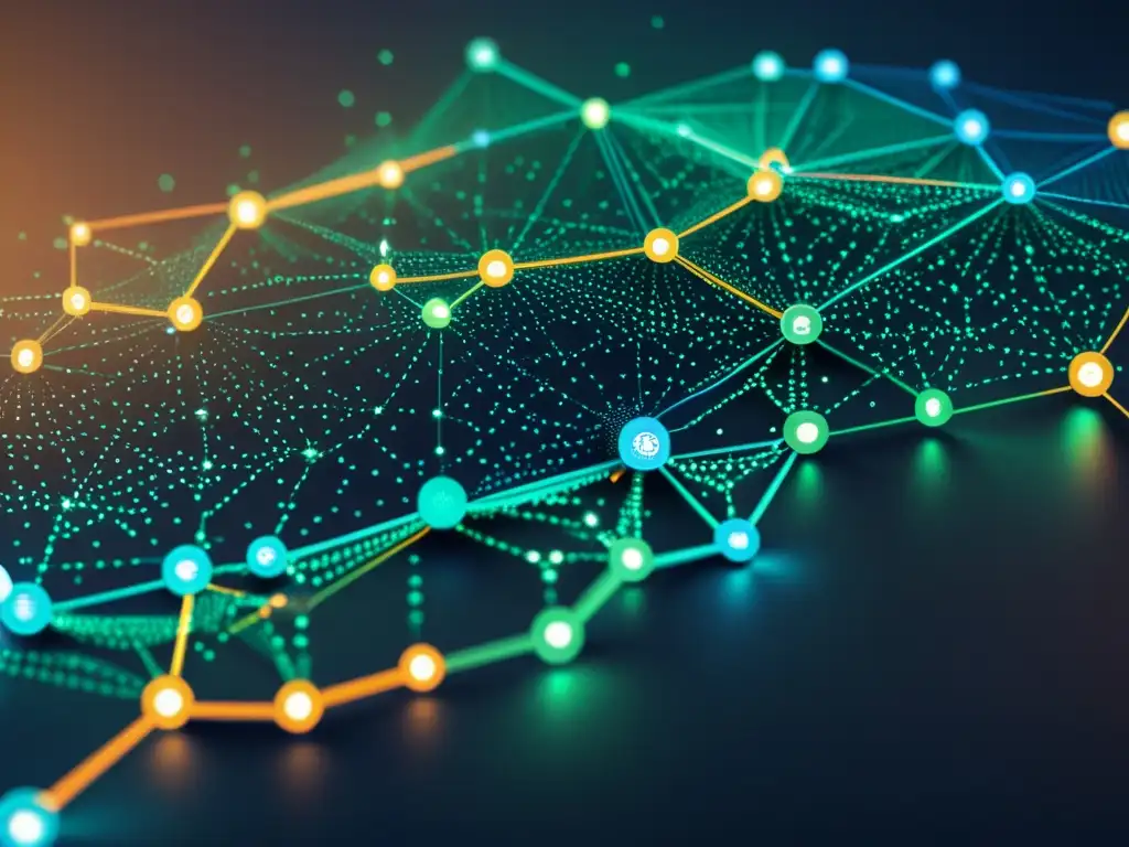 Una visualización detallada de una red blockchain, con nodos interconectados y transacciones de datos fluyendo