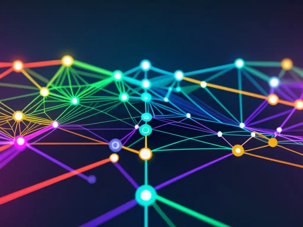 Una visualización futurista y compleja de la red de blockchain, con nodos interconectados y líneas de colores vibrantes