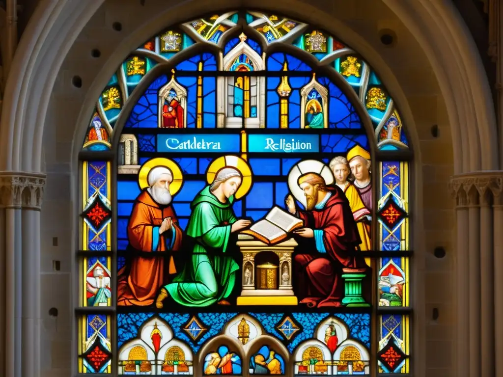 Vitral detallado de catedral medieval, muestra la tensión histórica entre ciencia y religión con colores vibrantes y escenas detalladas