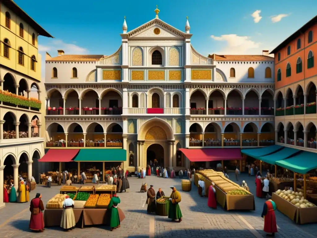 Pintura renacentista: bullicioso mercado y majestuosa arquitectura Un vivo mercado renacentista captura la energía del período, con nobles, comerciantes y arquitectura impresionante