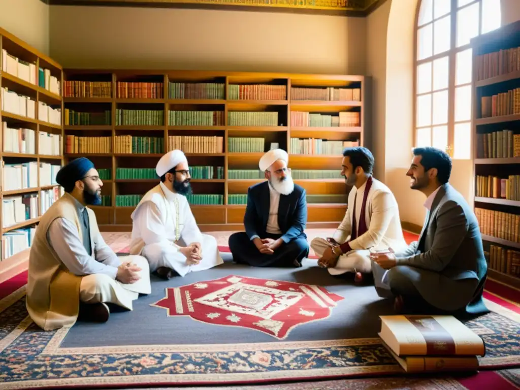 Vivos debates sobre aplicaciones modernas de la filosofía zoroastriana en una sala soleada con símbolos y alfombras persas