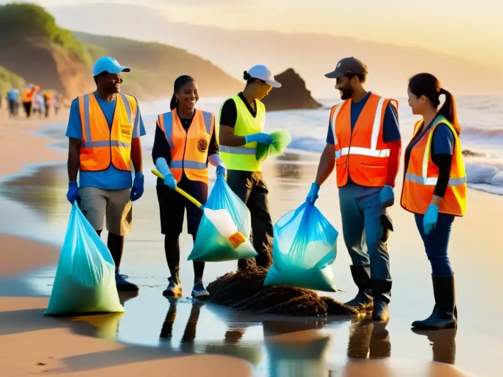 Voluntarios comprometidos limpian la playa al atardecer, mostrando una responsabilidad social corporativa auténtica