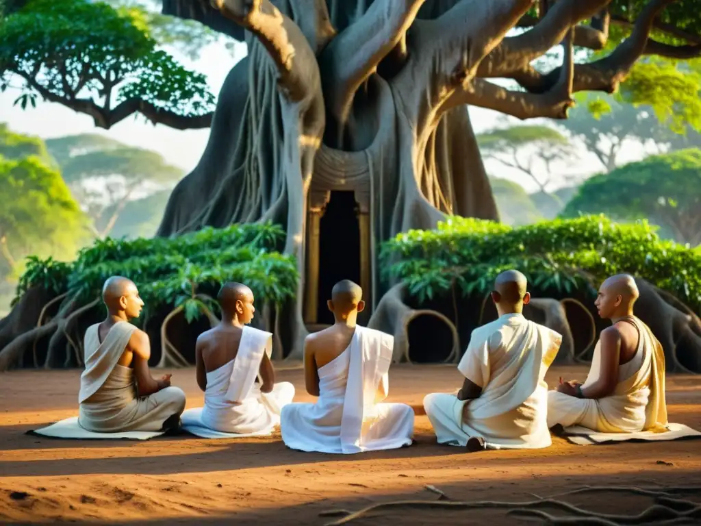Votos monásticos en el Jainismo: Monjes meditando bajo un antiguo árbol banyan, en un ambiente de serenidad y devoción espiritual