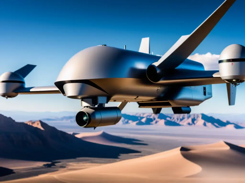 Un zumbido ominoso llena el aire mientras un drone militar planea en el cielo, mostrando su tecnología avanzada